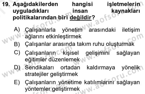 Sendikacılık Dersi 2018 - 2019 Yılı (Vize) Ara Sınav Soruları 19. Soru