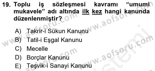 Sendikacılık Dersi 2018 - 2019 Yılı (Final) Dönem Sonu Sınav Soruları 19. Soru