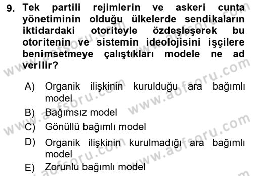 Sendikacılık Dersi 2018 - 2019 Yılı Yaz Okulu Sınav Soruları 9. Soru