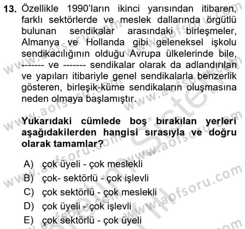 Sendikacılık Dersi 2020 - 2021 Yılı Yaz Okulu Sınav Soruları 13. Soru