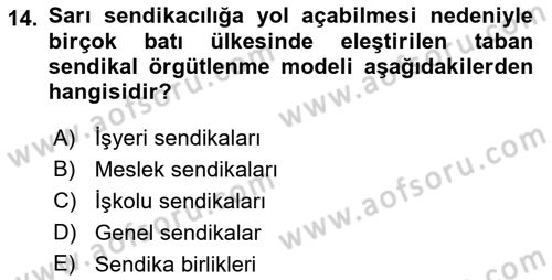 Sendikacılık Dersi 2021 - 2022 Yılı Yaz Okulu Sınav Soruları 14. Soru