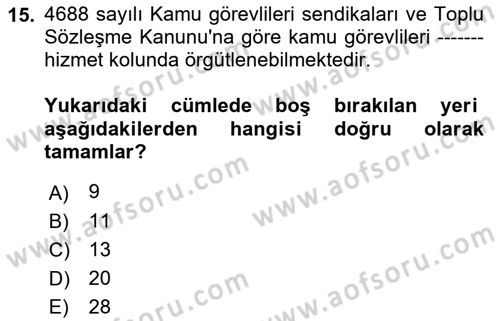 Sendikacılık Dersi 2021 - 2022 Yılı Yaz Okulu Sınav Soruları 15. Soru