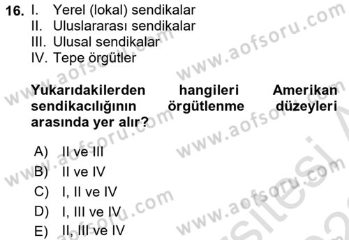 Sendikacılık Dersi 2021 - 2022 Yılı Yaz Okulu Sınav Soruları 16. Soru