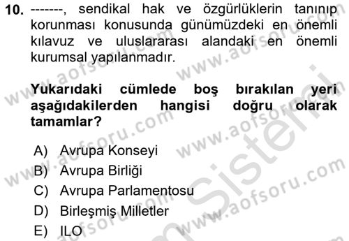 Sendikacılık Dersi 2023 - 2024 Yılı (Vize) Ara Sınav Soruları 10. Soru