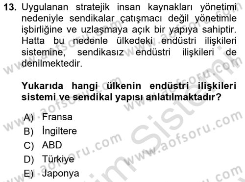Sendikacılık Dersi 2023 - 2024 Yılı (Final) Dönem Sonu Sınav Soruları 13. Soru