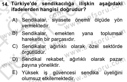 Sendikacılık Dersi 2023 - 2024 Yılı (Final) Dönem Sonu Sınav Soruları 14. Soru