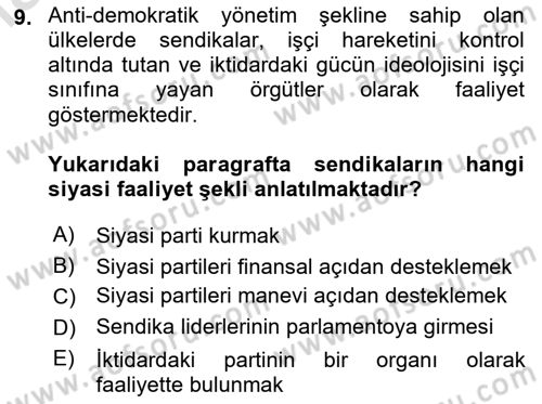 Sendikacılık Dersi 2023 - 2024 Yılı Yaz Okulu Sınav Soruları 9. Soru