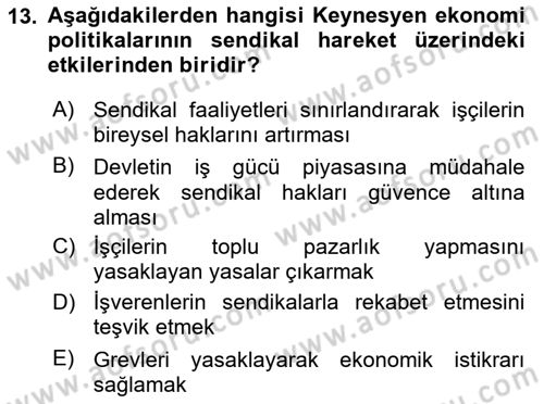 Sendikacılık Dersi 2024 - 2025 Yılı (Vize) Ara Sınav Soruları 13. Soru