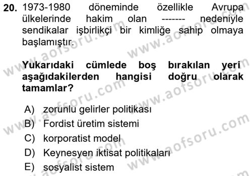 Sendikacılık Dersi 2024 - 2025 Yılı (Vize) Ara Sınav Soruları 20. Soru
