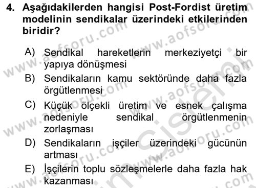 Sendikacılık Dersi 2024 - 2025 Yılı (Final) Dönem Sonu Sınav Soruları 4. Soru