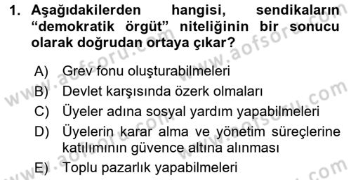 Sendikacılık Dersi 2025 - 2026 Yılı (Vize) Ara Sınav Soruları 1. Soru