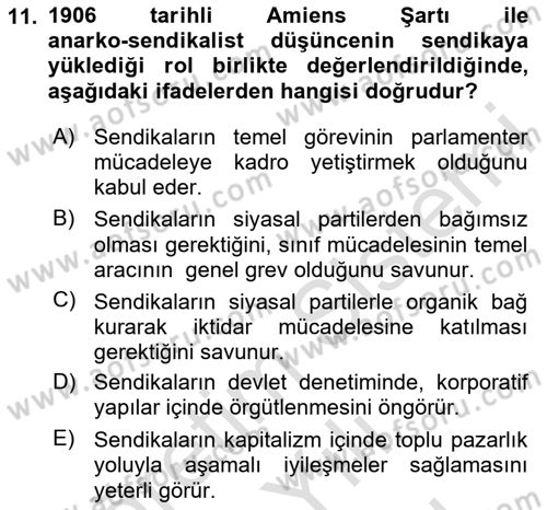 Sendikacılık Dersi 2025 - 2026 Yılı (Vize) Ara Sınav Soruları 11. Soru