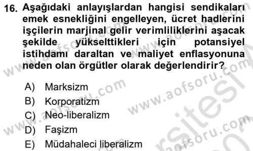 Sendikacılık Dersi 2025 - 2026 Yılı (Vize) Ara Sınav Soruları 16. Soru