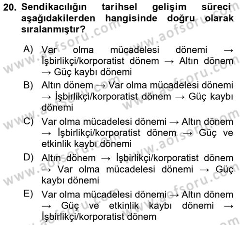 Sendikacılık Dersi 2025 - 2026 Yılı (Vize) Ara Sınav Soruları 20. Soru