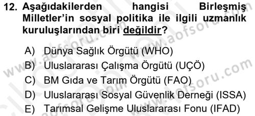 Uluslararası Sosyal Politika Dersi 2017 - 2018 Yılı (Final) Dönem Sonu Sınav Soruları 12. Soru