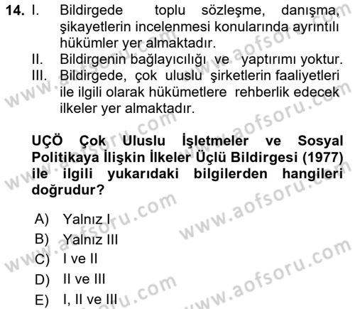 Uluslararası Sosyal Politika Dersi 2023 - 2024 Yılı (Final) Dönem Sonu Sınav Soruları 14. Soru