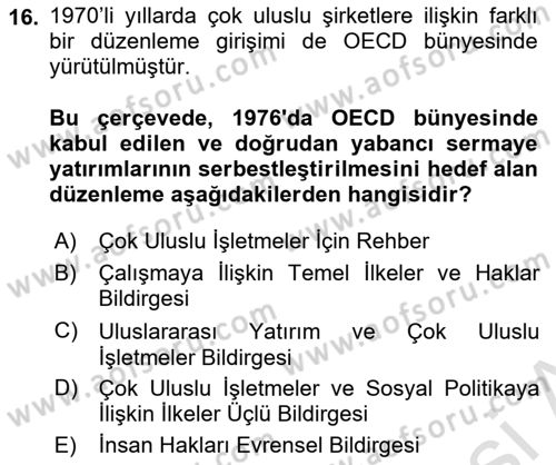 Uluslararası Sosyal Politika Dersi 2023 - 2024 Yılı Yaz Okulu Sınav Soruları 16. Soru
