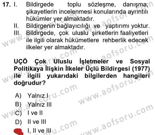 Uluslararası Sosyal Politika Dersi 2024 - 2025 Yılı Yaz Okulu Sınav Soruları 17. Soru