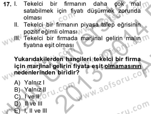 Çalışma Ekonomisi Dersi 2013 - 2014 Yılı (Vize) Ara Sınav Soruları 17. Soru