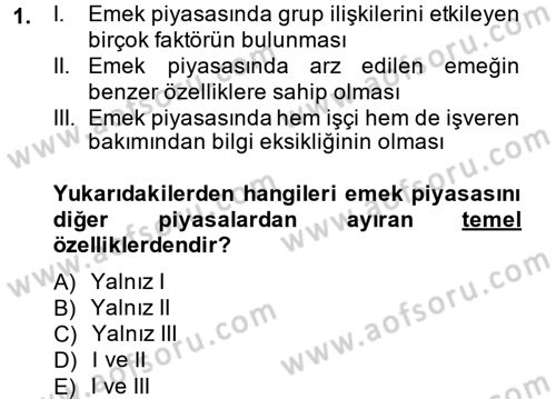 Çalışma Ekonomisi Dersi 2014 - 2015 Yılı Tek Ders Sınavı 1. Soru