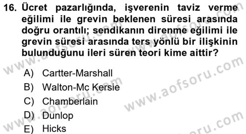Çalışma Ekonomisi Dersi 2017 - 2018 Yılı 3 Ders Sınav Soruları 16. Soru