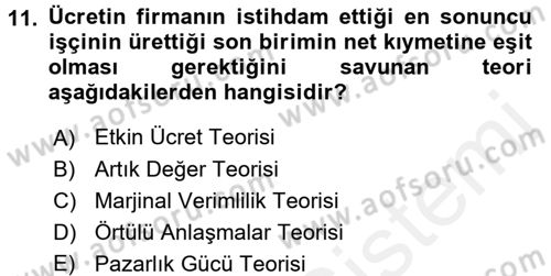Çalışma Ekonomisi Dersi 2017 - 2018 Yılı (Final) Dönem Sonu Sınav Soruları 11. Soru