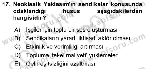 Çalışma Ekonomisi Dersi 2018 - 2019 Yılı 3 Ders Sınav Soruları 17. Soru