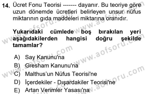 Çalışma Ekonomisi Dersi 2018 - 2019 Yılı Yaz Okulu Sınav Soruları 14. Soru
