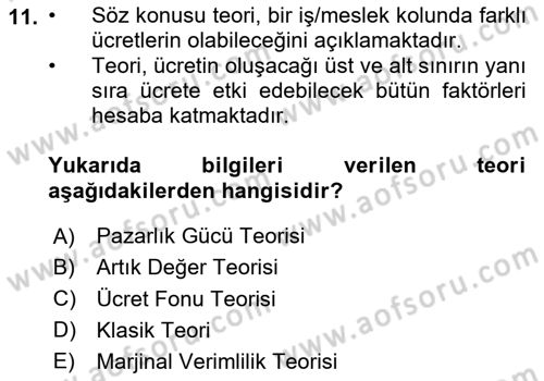 Çalışma Ekonomisi Dersi 2020 - 2021 Yılı Yaz Okulu Sınav Soruları 11. Soru