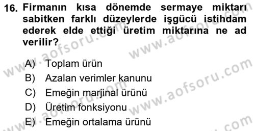 Çalışma Ekonomisi Dersi 2021 - 2022 Yılı (Vize) Ara Sınav Soruları 16. Soru