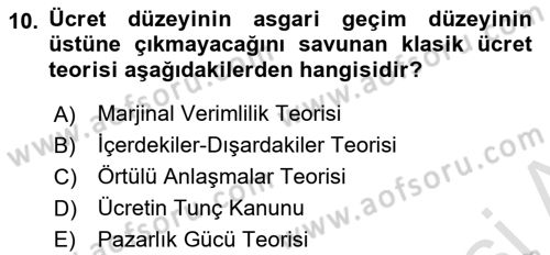 Çalışma Ekonomisi Dersi 2022 - 2023 Yılı Yaz Okulu Sınav Soruları 10. Soru