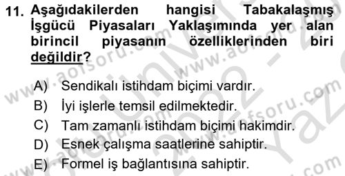 Çalışma Ekonomisi Dersi 2022 - 2023 Yılı Yaz Okulu Sınav Soruları 11. Soru