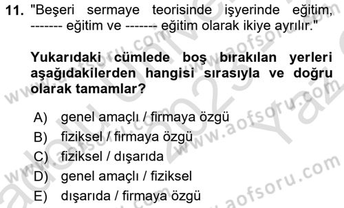 Çalışma Ekonomisi Dersi 2023 - 2024 Yılı Yaz Okulu Sınav Soruları 11. Soru