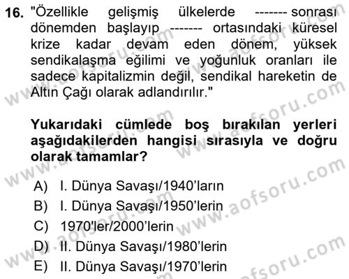 Çalışma Ekonomisi Dersi 2023 - 2024 Yılı Yaz Okulu Sınav Soruları 16. Soru