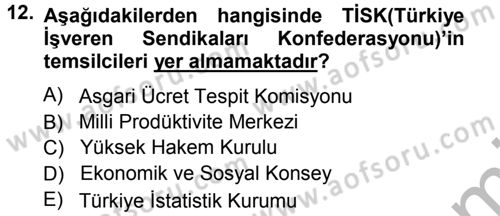 Endüstri İlişkileri Dersi Ara Sınavı Deneme Sınav Soruları 12. Soru