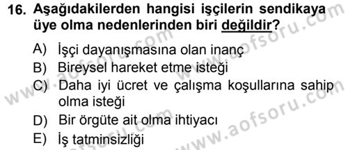 Endüstri İlişkileri Dersi Ara Sınavı Deneme Sınav Soruları 16. Soru