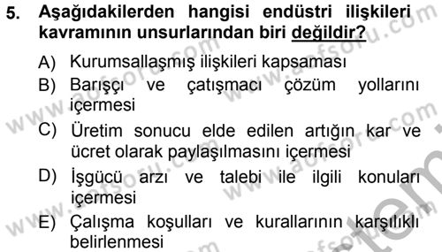 Endüstri İlişkileri Dersi Ara Sınavı Deneme Sınav Soruları 5. Soru