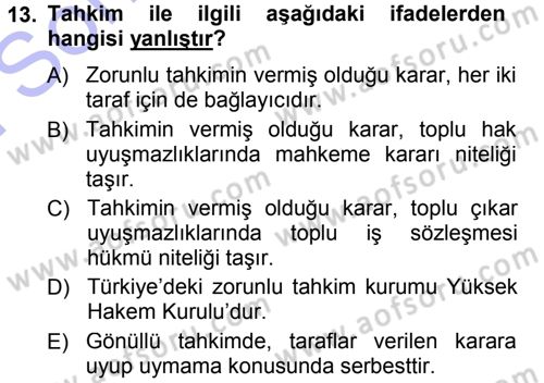 Endüstri İlişkileri Dersi 2012 - 2013 Yılı (Final) Dönem Sonu Sınav Soruları 13. Soru