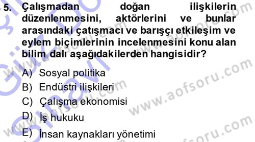 Endüstri İlişkileri Dersi Ara Sınavı Deneme Sınav Soruları 5. Soru