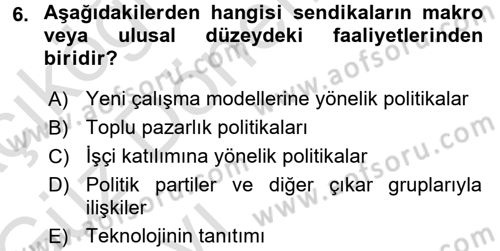 Endüstri İlişkileri Dersi Ara Sınavı Deneme Sınav Soruları 6. Soru