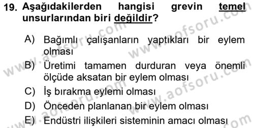 Endüstri İlişkileri Dersi 2016 - 2017 Yılı (Final) Dönem Sonu Sınav Soruları 19. Soru
