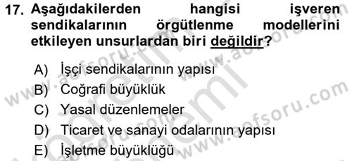 Endüstri İlişkileri Dersi 2017 - 2018 Yılı (Vize) Ara Sınav Soruları 17. Soru