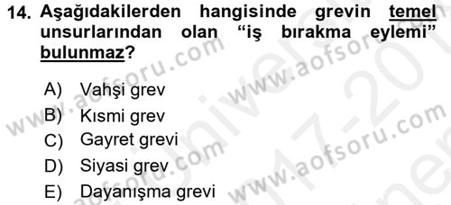 Endüstri İlişkileri Dersi 2017 - 2018 Yılı (Final) Dönem Sonu Sınav Soruları 14. Soru