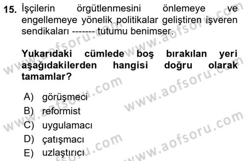 Endüstri İlişkileri Dersi Ara Sınavı Deneme Sınav Soruları 15. Soru