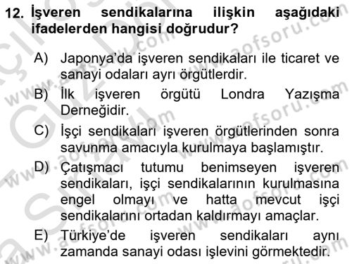 Endüstri İlişkileri Dersi Ara Sınavı Deneme Sınav Soruları 12. Soru