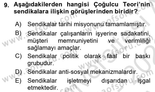 Endüstri İlişkileri Dersi Ara Sınavı Deneme Sınav Soruları 9. Soru