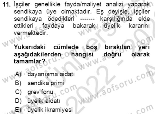 Endüstri İlişkileri Dersi Ara Sınavı Deneme Sınav Soruları 11. Soru