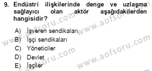 Endüstri İlişkileri Dersi Ara Sınavı Deneme Sınav Soruları 9. Soru