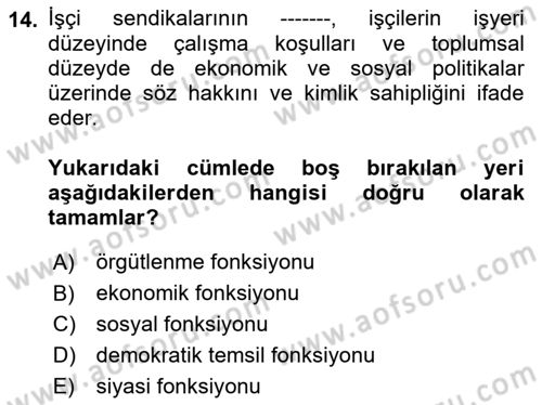 Endüstri İlişkileri Dersi Ara Sınavı Deneme Sınav Soruları 14. Soru