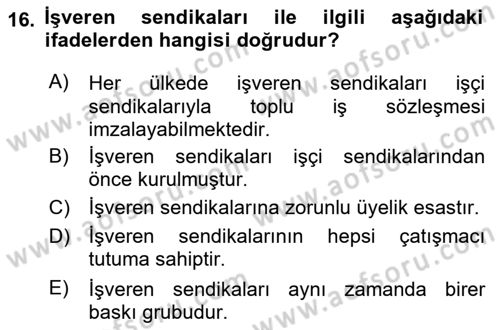 Endüstri İlişkileri Dersi Ara Sınavı Deneme Sınav Soruları 16. Soru